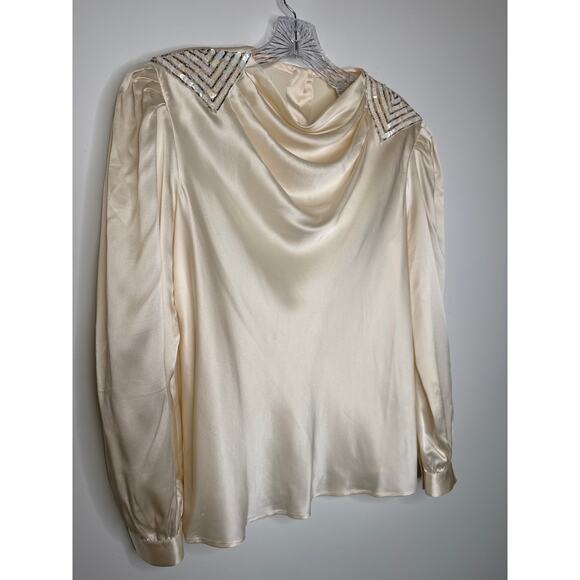 Vintage Lloyd Williams Silk cream blouse beaded sequin draped cowl neck medium - Picture 2 of 14